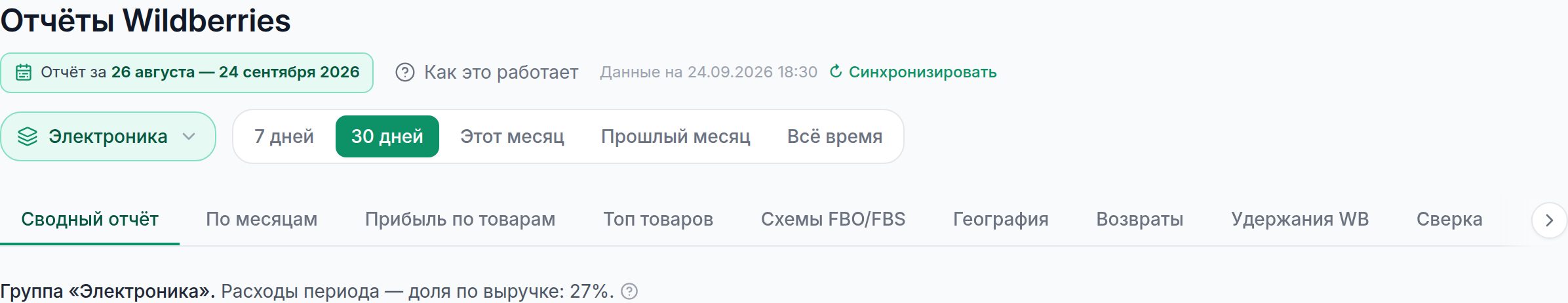 Шапка отчётов Wildberries с выбранной группой «Электроника» и строкой о доле расходов периода